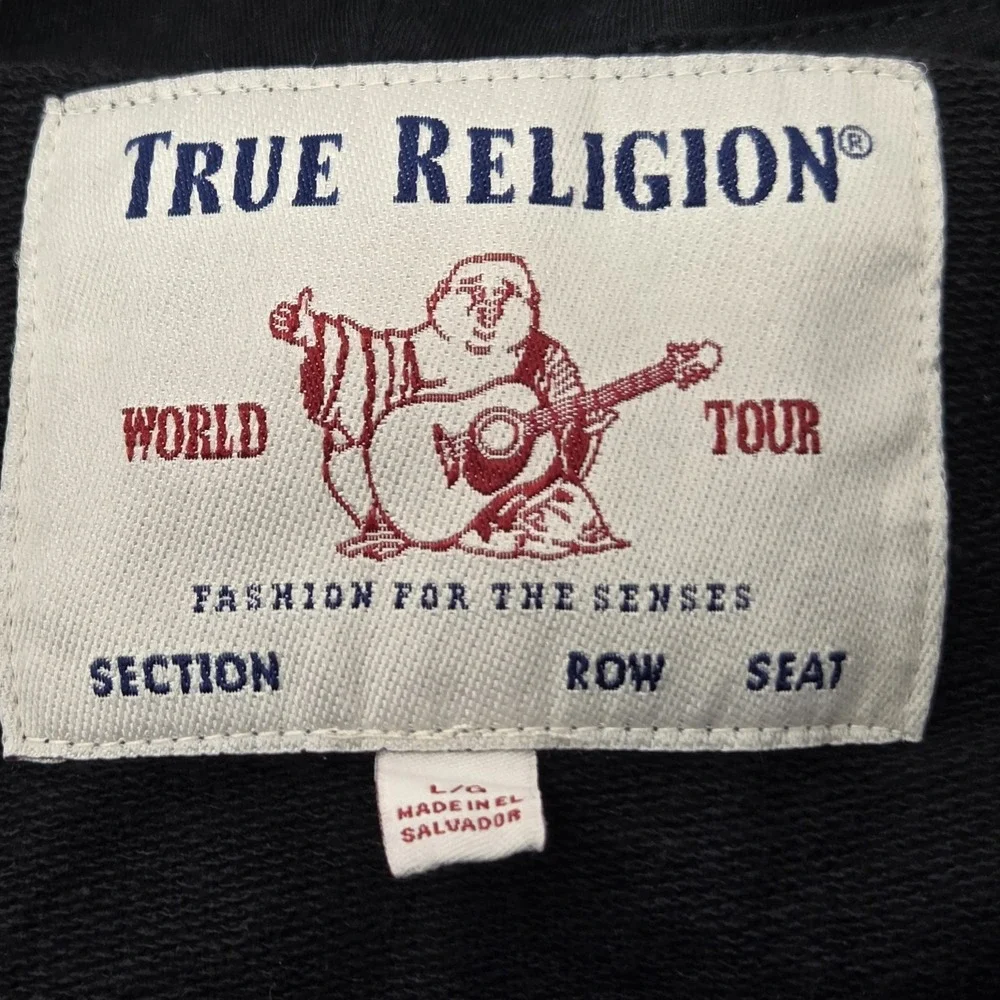 TRUE RELIGION Hoodie Men's Large Black Gold Horseshoe Full‎ Zip Up Sweatshirt